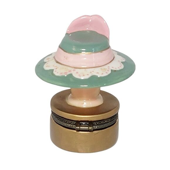 Vintage Green with Pink Bow Victorian Hat Hinged Trinket Box includes Trinket - Picture 4 of 10